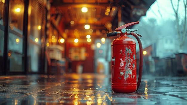 Red Fire Extinguisher on Wet Floor