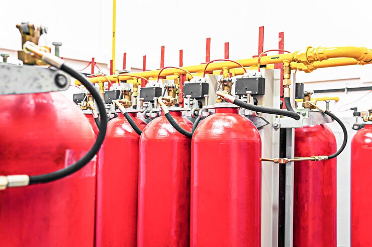 Red fire extinguishers are in the room.