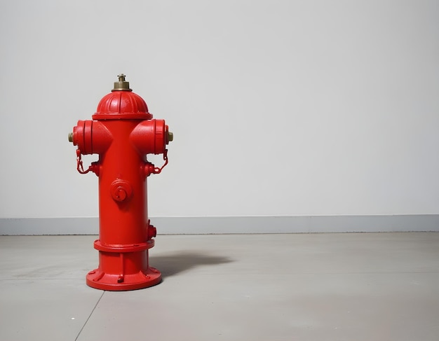 A red fire hydrant on a floor with a plain wall in the background