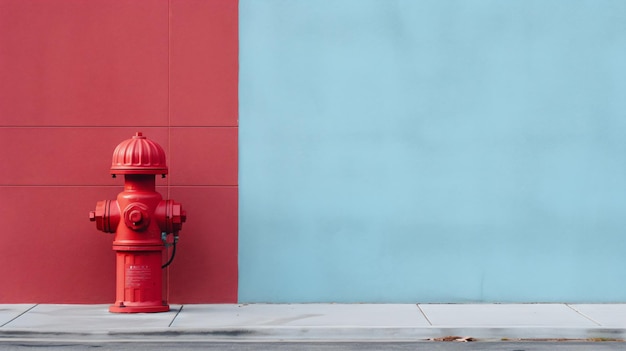 a red fire hydrant sitting next to a blue wall