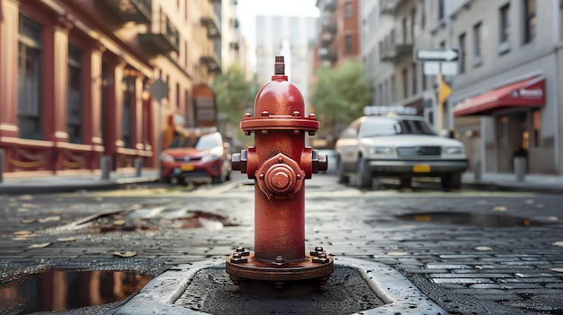Photo a red fire hydrant stands on a city street the hydrant is made of metal and has a large red handle
