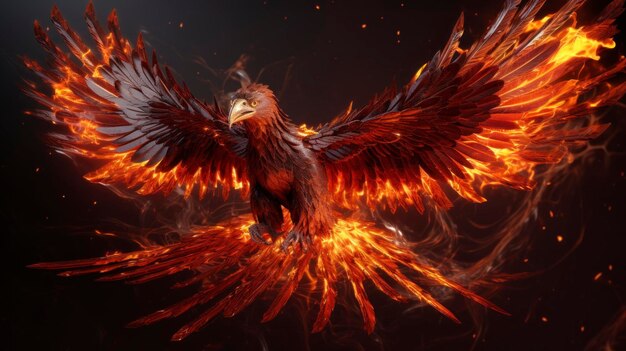 Photo red fire phoenix illustration on dark background