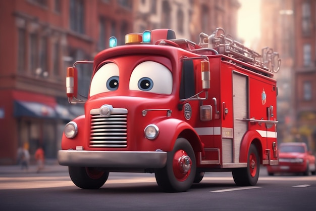 Фото Красная пожарная машина с глазами 3d-анимация в стиле pixar в стиле диснея счастлива на улицах города веселая веселая