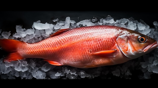 A red fish lies on ice with the word fish on it