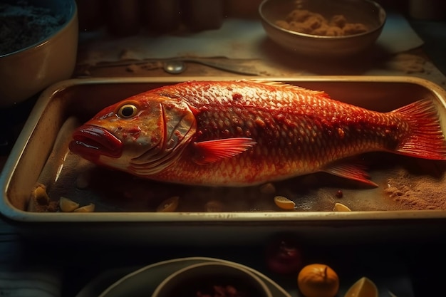 Red fish on a plate Generative AI