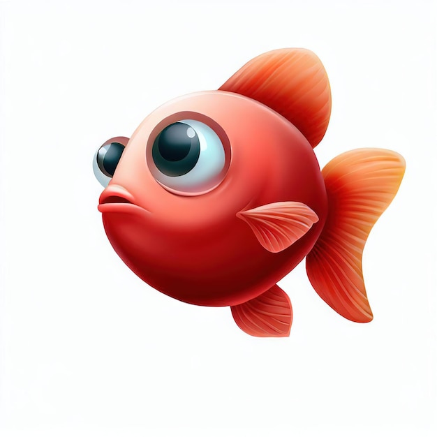 A red fish with a black eye and a white background