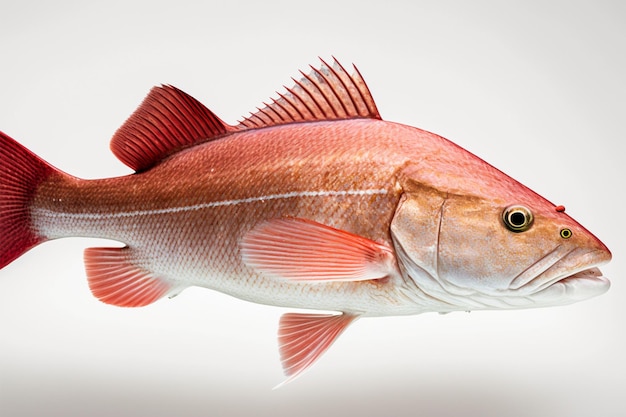 Красная рыба с красным хвостом и белым фоном.