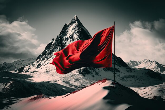 生成 AI で作成された雪の山頂で風にはためく赤い旗