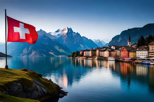 A red flag flies over a lake in front of a mountain.
