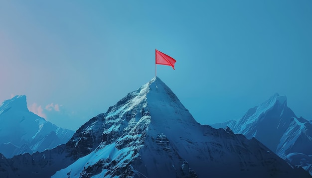 Красный флаг на вершине заснеженной горы