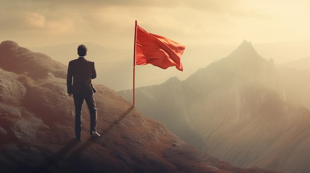 A red flag on a mountain with a man standing on itgenerative ai