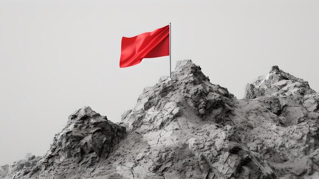 Red flag waving atop rocky summit in monochrome background symbol of victory and conquest simple and bold image for diverse uses AI