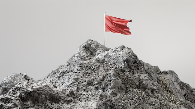 Красный флаг, развевающийся на вершине скалистой горной вершины, символизирующий достижение и настойчивость в минималистском стиле, идеально подходит для мотивационных тем.
