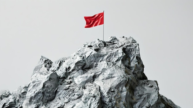 Красный флаг, развевающийся на вершине скалистой вершины, символизирует достижение, триумф в преодолении вызовов, простой стиль, метафорический образ успеха.