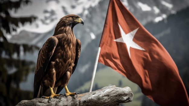 A red flag with a golden eagle on it