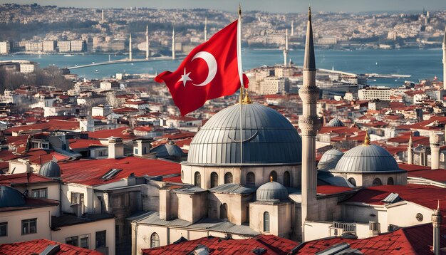 a red flag with a white circle on it is above a blue dome