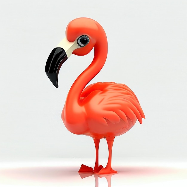 Красный фламинго с черным клювом и черным клювом стоит на белой поверхности.