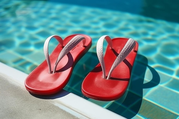 Photo red flip flops next to the swimming pool