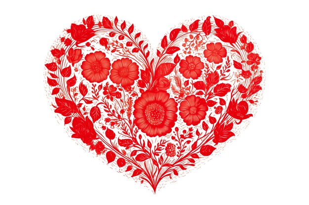 Red floral heart on white background for valentines day wedding anniversary top view