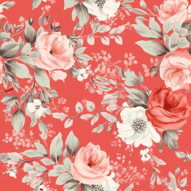 A red floral wallpaper with a floral pattern.