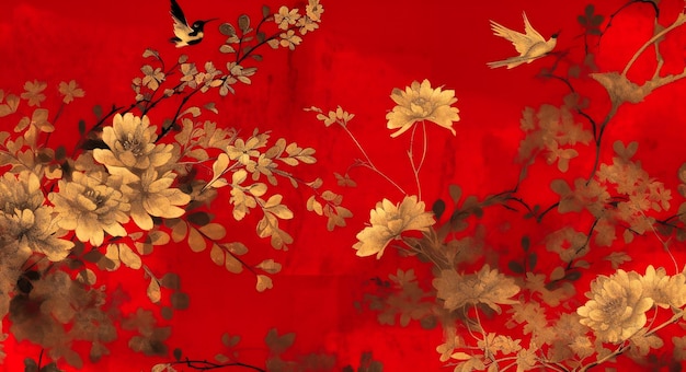 Photo red floral wallpaper with gold