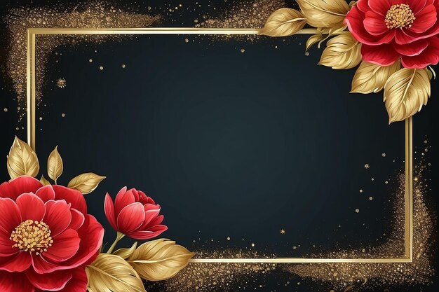 Red flower bloom in golden glitter flower frame border