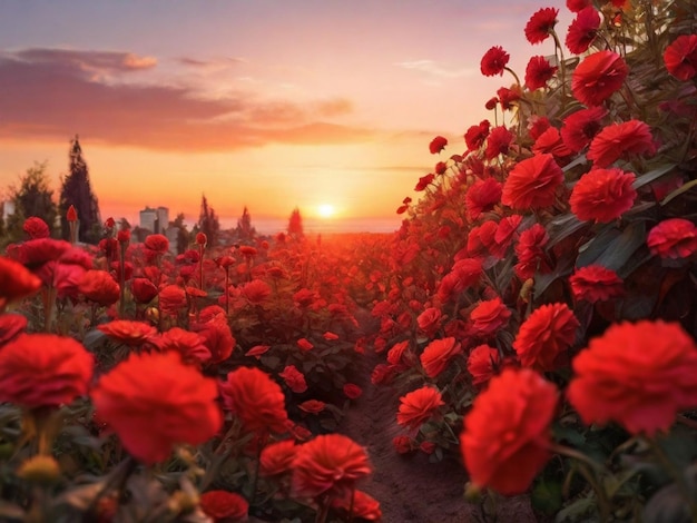 red flower garden during sunset Background
