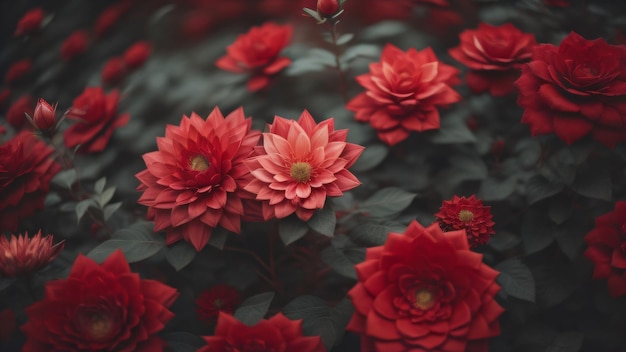 A red flower in a garden with a green bush in the background