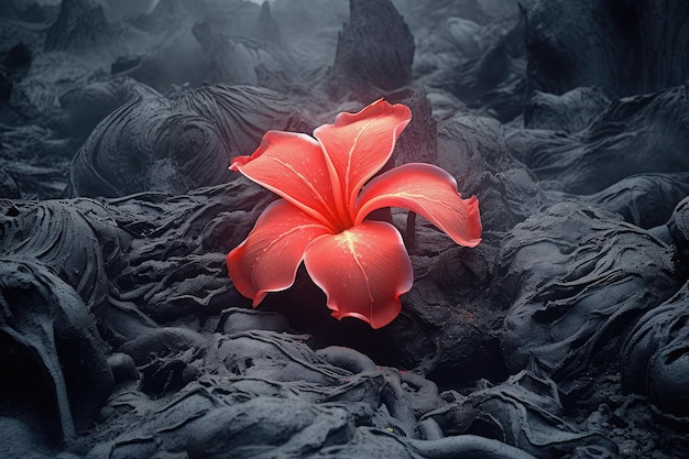 Red Flower Growing Through Volcano Lava extreme closeup Generative AI