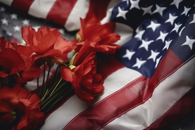 Photo a red flower is on a flag