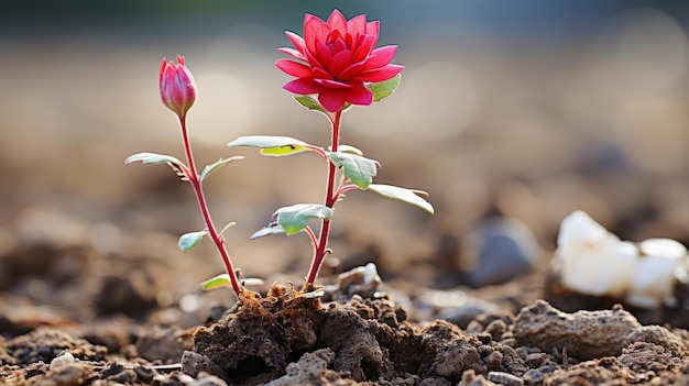 Foto un fiore rosso cresce dal terreno