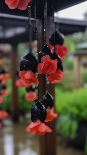 A red flower is hanging from a pole