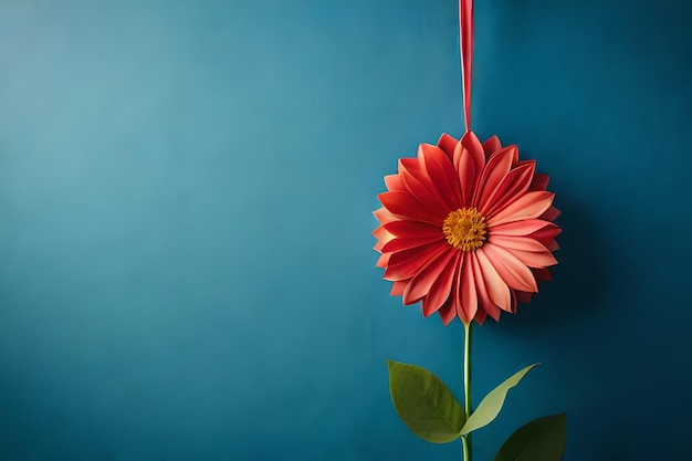 a red flower is hanging on a string.