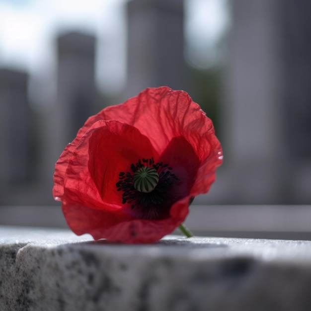 A red flower is placed on a stone in front of a monument.