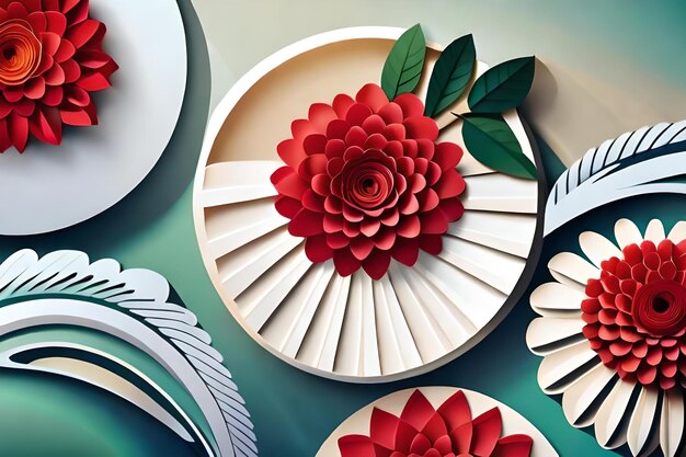 A red flower is on a plate with a white plate and the red flower on it