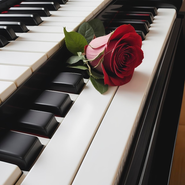 Red Flower Rose on Piano Keys Romantic View