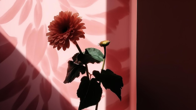 A red flower sits in a vase in front of a pink wall.