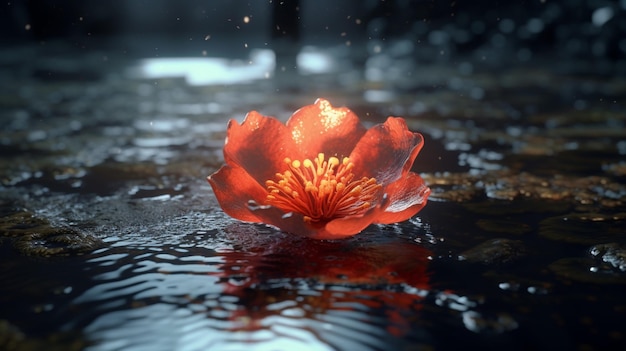 Красный цветок, сидящий посреди лужи воды.