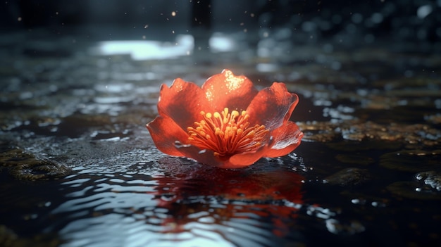 A red flower sitting in the middle of a puddle of water Ai Generative