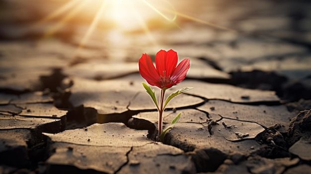 太陽の光でひび割れた地面に生える赤い花の芽 イスラエルの祈りのコンセプト