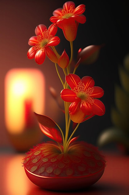 A red flower in a vase with a candle in it.