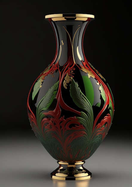 A red flower vase with green leaves and flowers on it