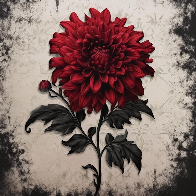 Красный цветок с черным стеблем и листьями на нем