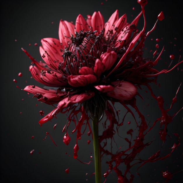 Photo a red flower with black and white splatters is shown.