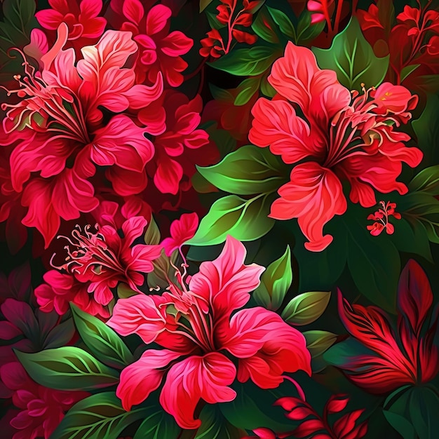 A red flower with green leaves on a dark background.