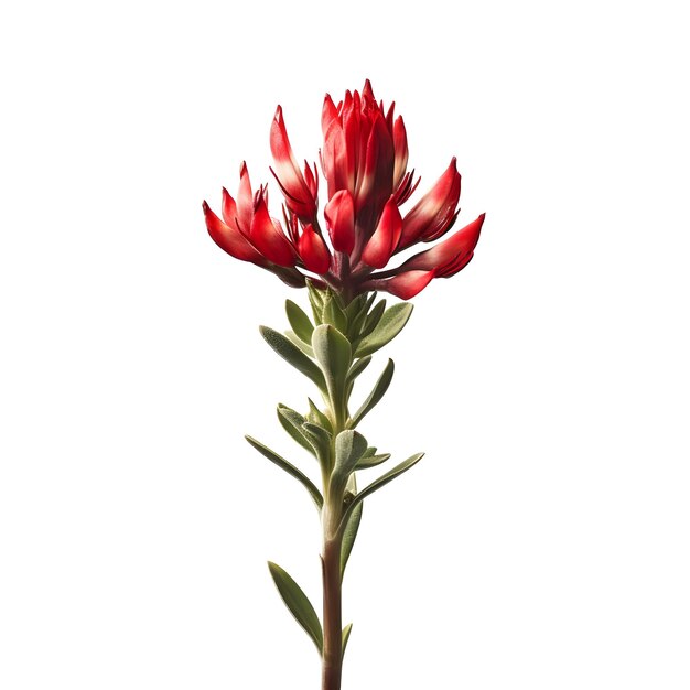 A red flower with green leaves and a white background