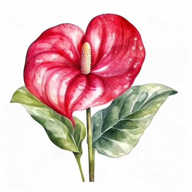 A red flower with green leaves on a white background.