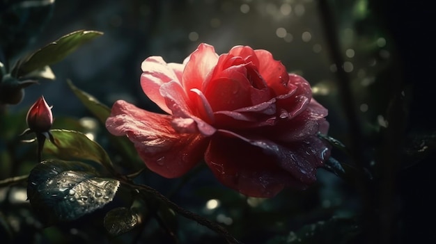 A red flower with rain drops on it