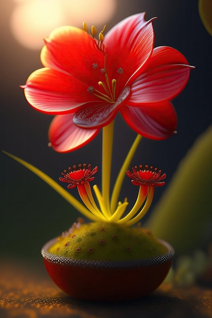 A red flower with two eyes is in the middle of a plant.