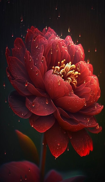 Red flower with water droplets on it generative ai